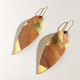 Cherry Wood And 24k Gold Twisted Leaf-shaped Earrings with Czech Beads