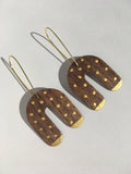 Midcentury Walnut and 24K gold dots wood and gold arch earrings