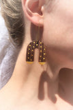 Midcentury Walnut and 24K gold dots wood and gold arch earrings