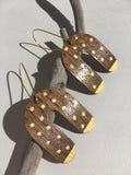 Midcentury Walnut and 24K gold dots wood and gold arch earrings