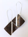 Wavy Walnut Square Earrings With Pure Silver Stripe